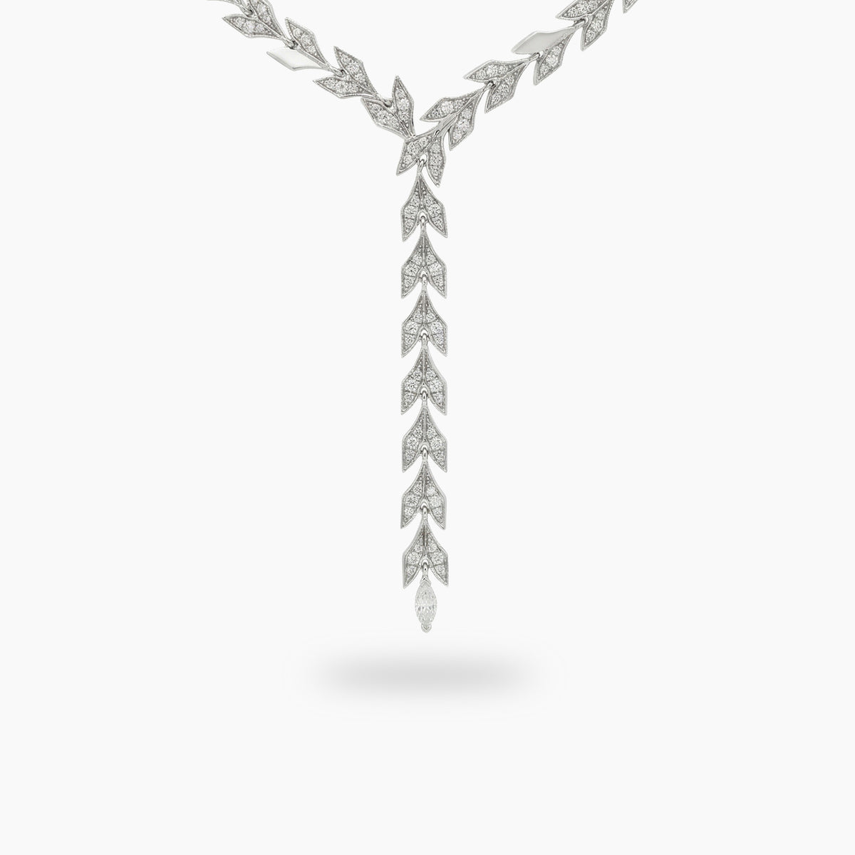 Leaf Necklace with White Round Stone – on White Gold