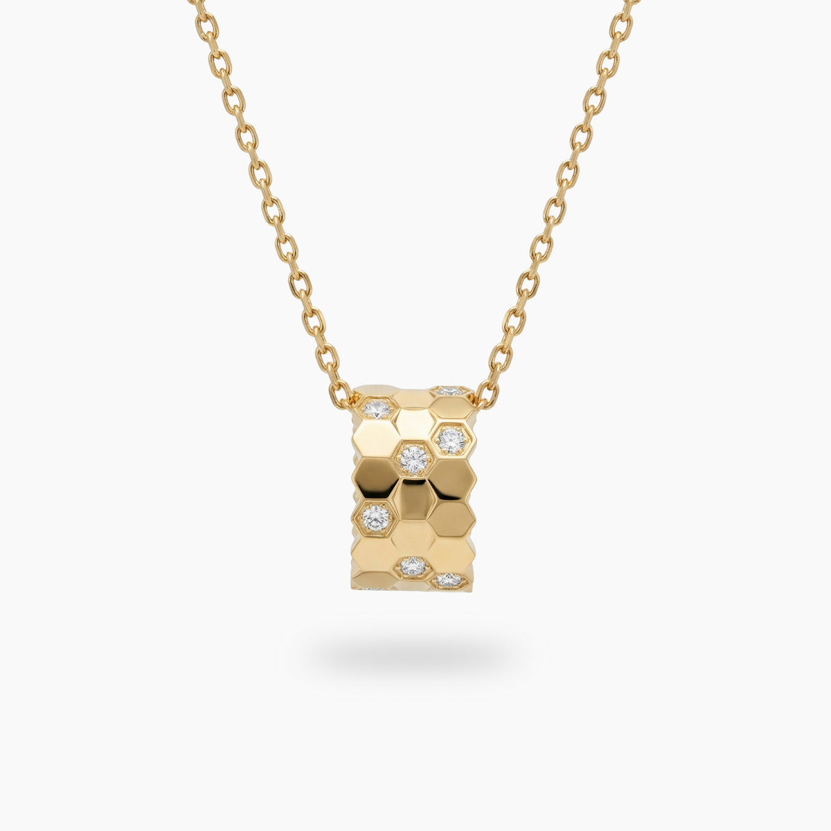 Honeycomb Necklace with White Round Stone – on Yellow Gold