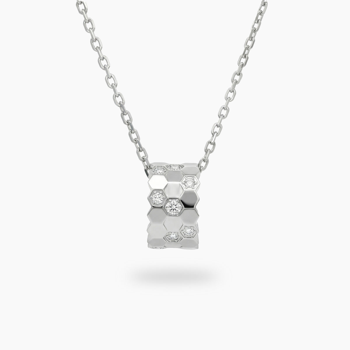 Honeycomb Necklace with White Round Stone – on White Gold