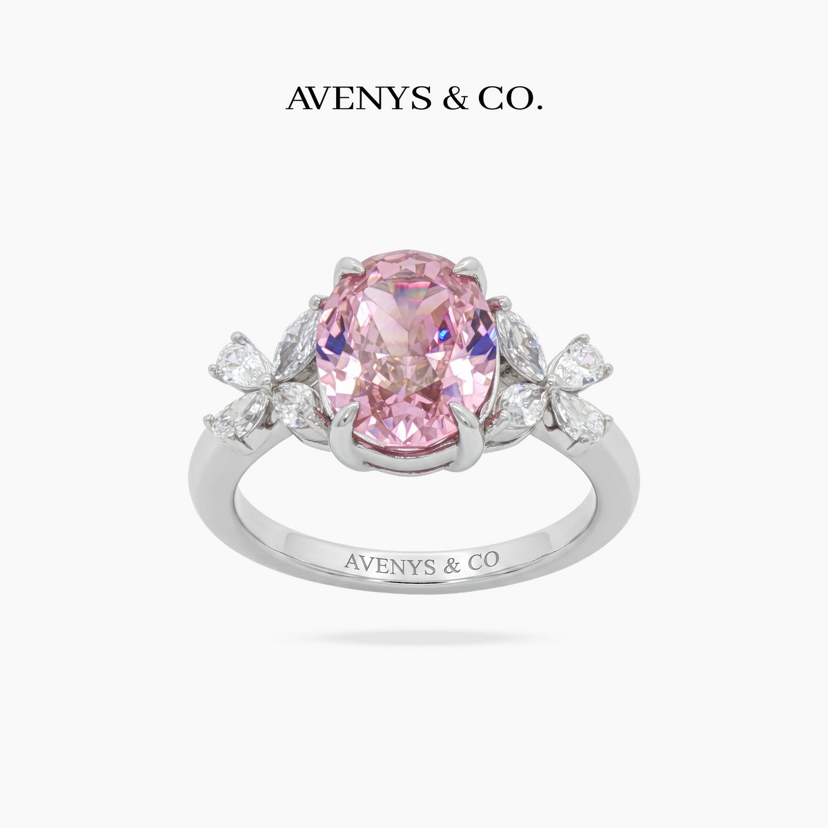 Pink Oval Flower Ring with Pink Oval Stone – on White Gold