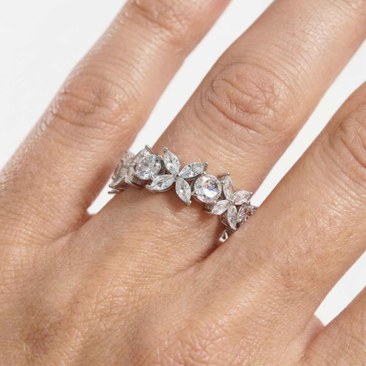 Star Eternity Slim Ring  with White Marquise Stone – on White Gold
