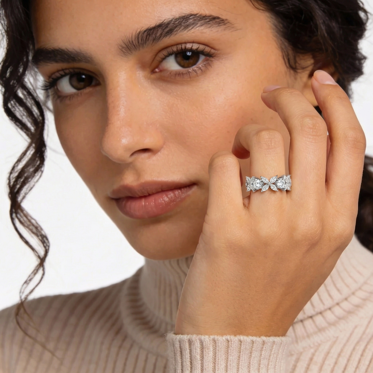 Star Eternity Slim Ring  with White Marquise Stone – on White Gold