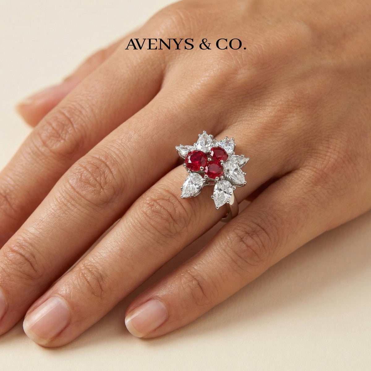 Cherry Cluster Ring with Red Round Stone – on White Gold