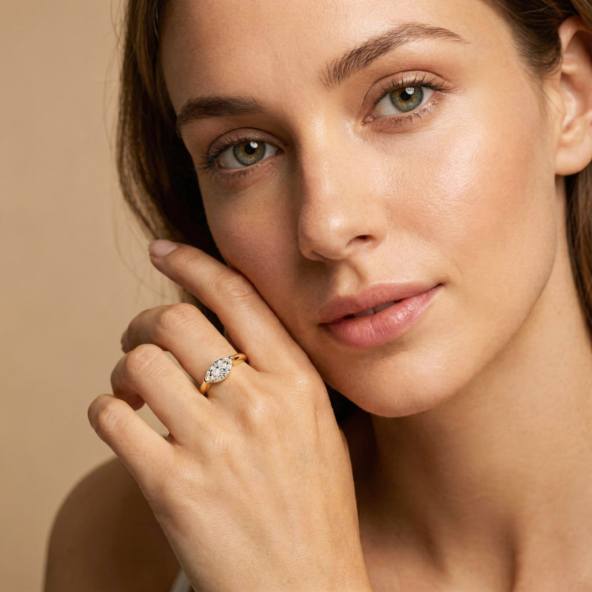 Delicate Bezel Ring with White Marquise Stone – on Yellow Gold