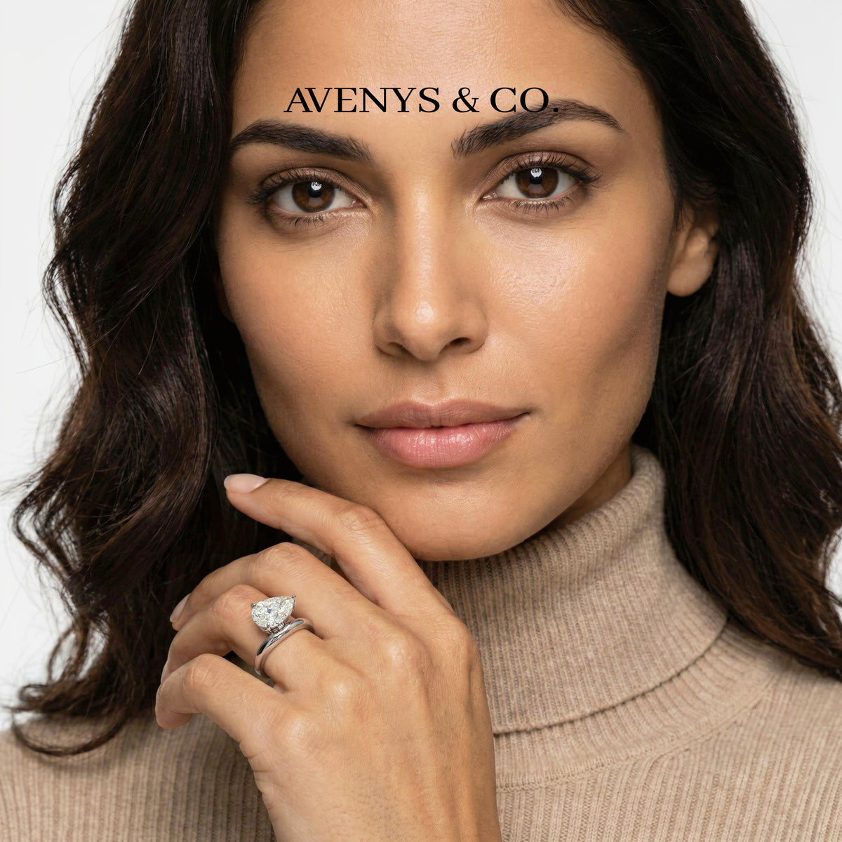 Wave Solitaire Ring with White Pear Stone – on White Gold
