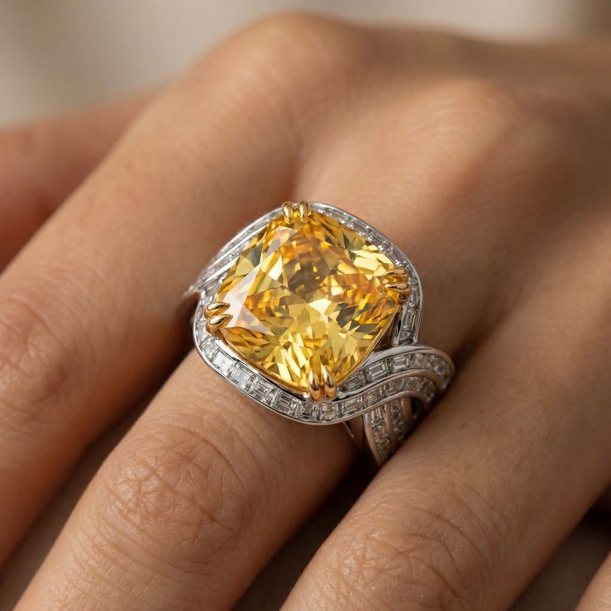 Citadel Pave Ring with Yellow Cushion Stone – on White Gold