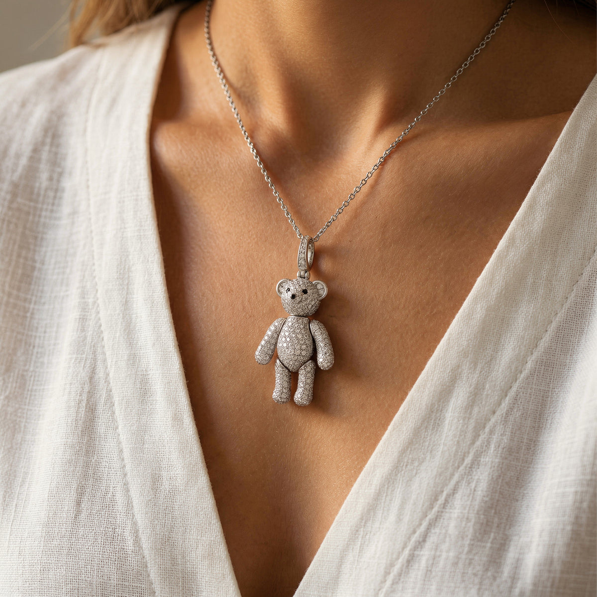 White Gold Diamond Teddy Bear Charm Necklace