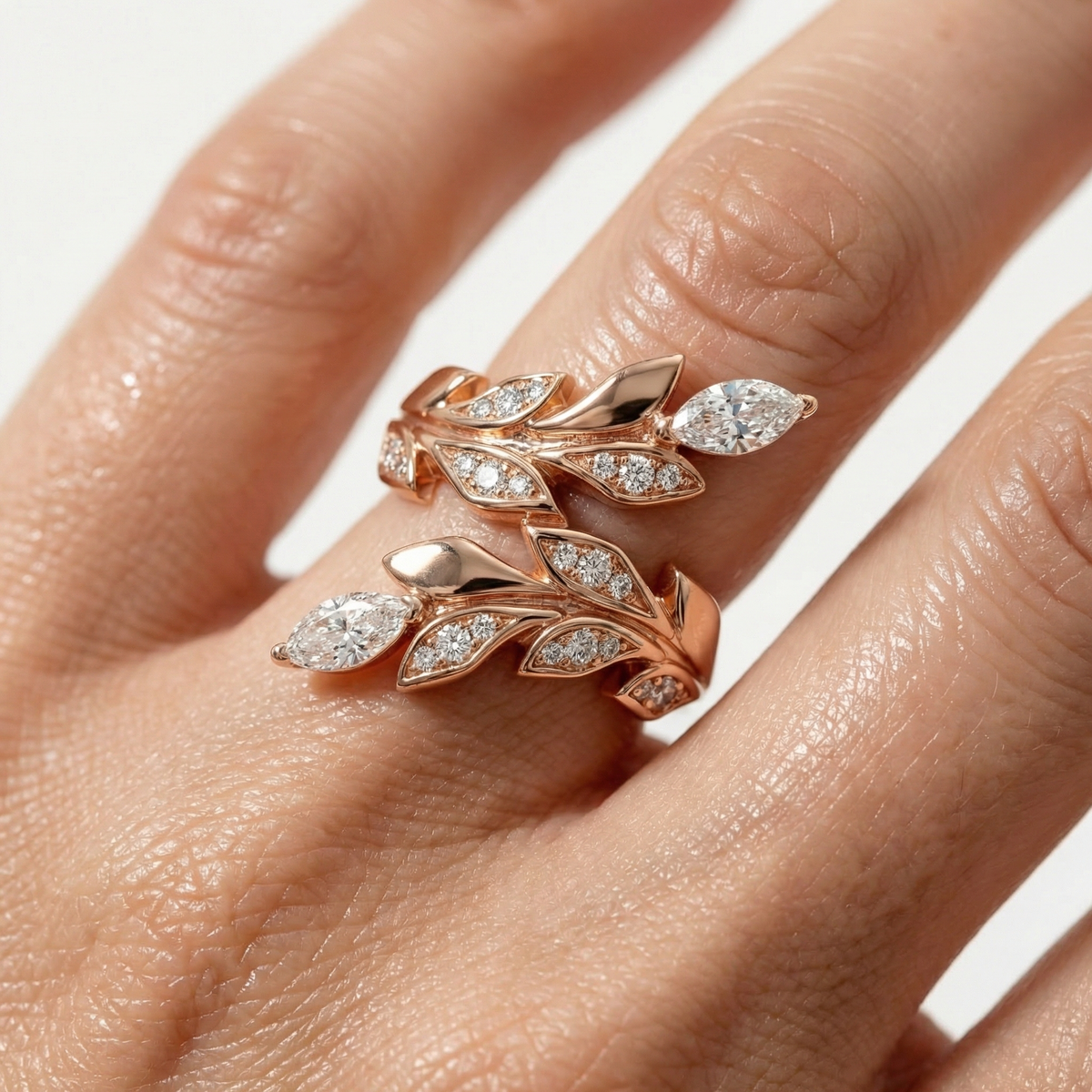 Leaf Ring with White Round Stone – on Yellow Gold