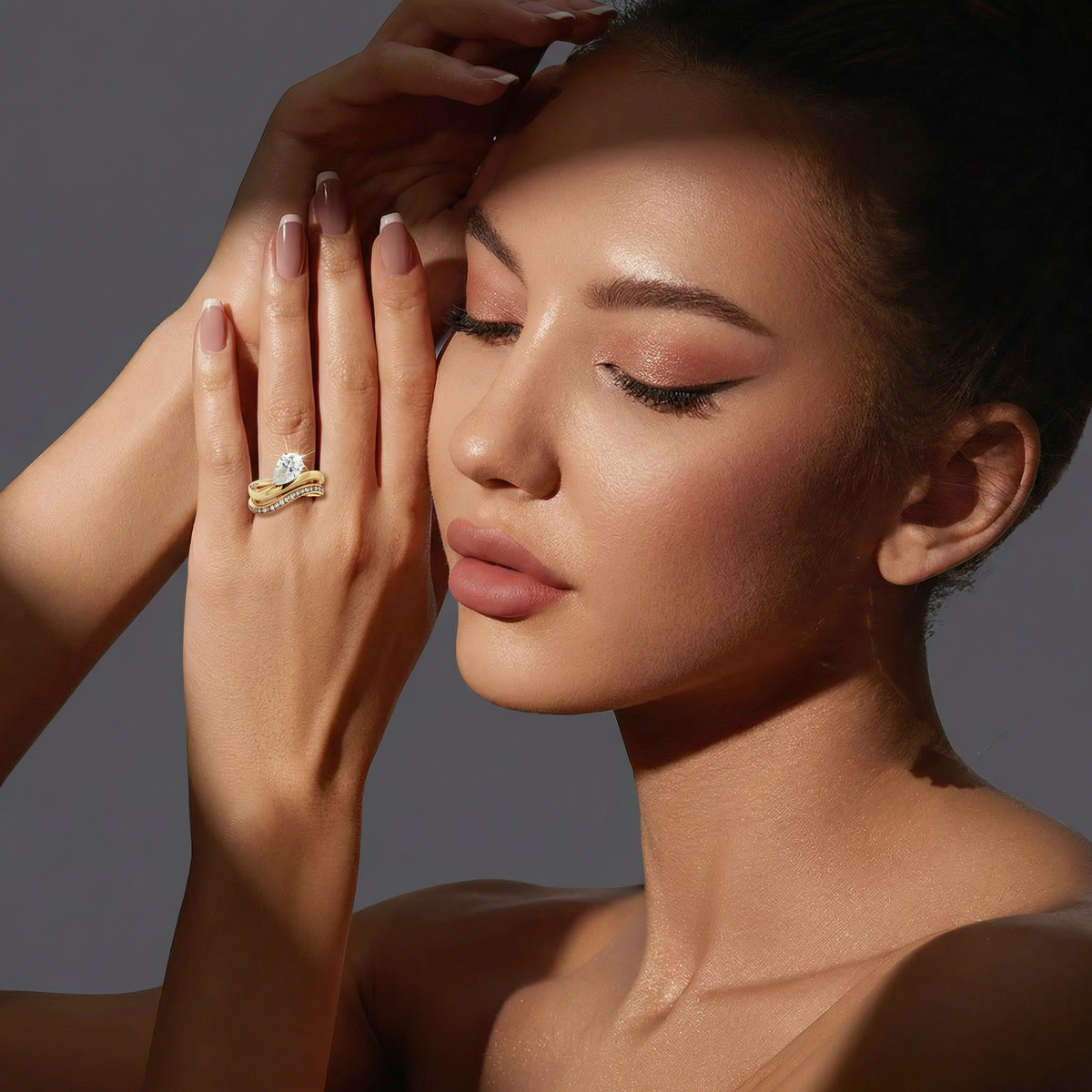 Wave Pave Double Ring with White Pear Stone – on Yellow Gold