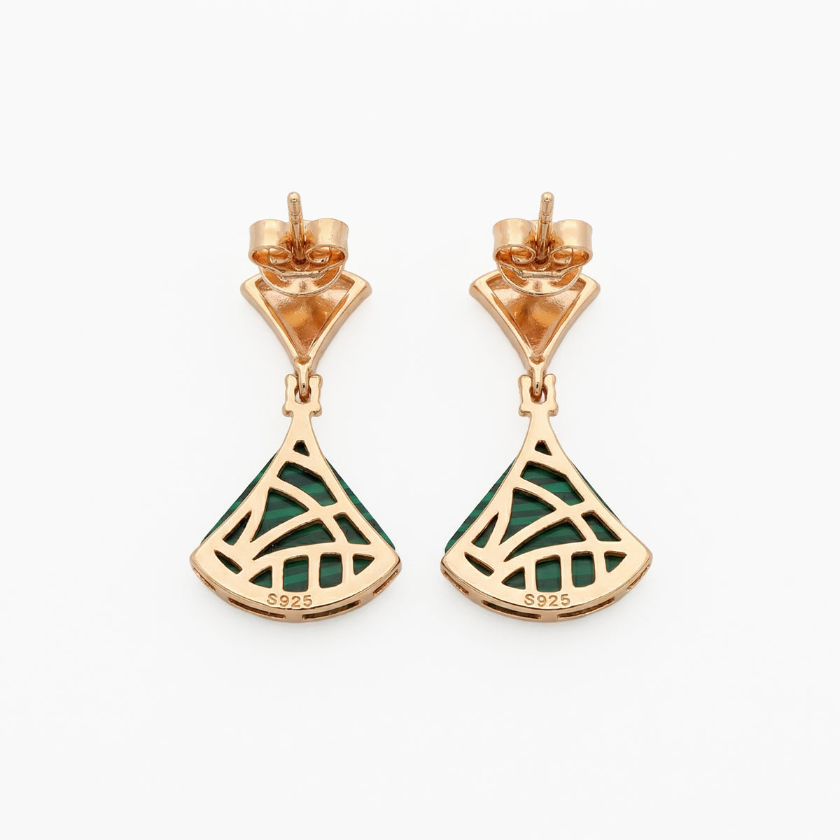 Fan Malachite Earrings with White Round Stone – on Yellow Gold