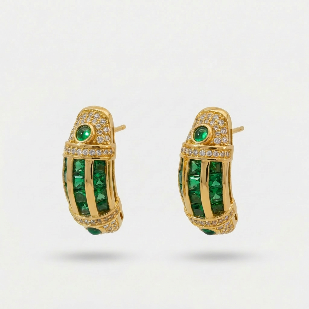 Cleopatra Earrings with Green Emerald Stone – on Yellow Gold