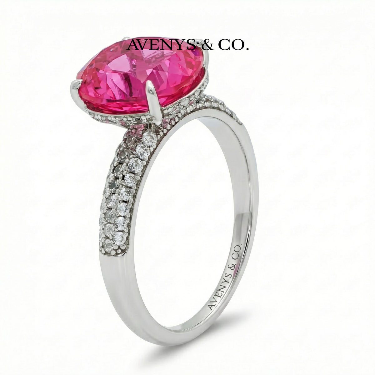Oval Pave Ring with Pink Oval Stone – on White Gold