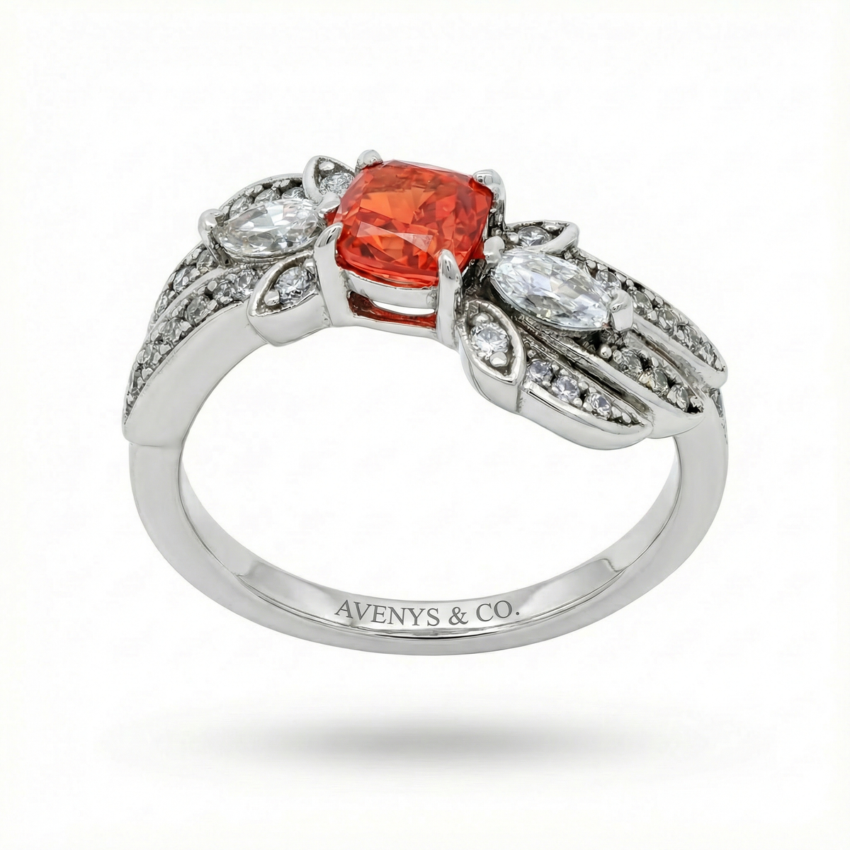 Red Wings Ring with Red Cushion Stone – on White Gold