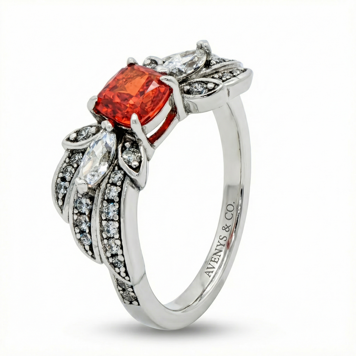 Red Wings Ring with Red Cushion Stone – on White Gold