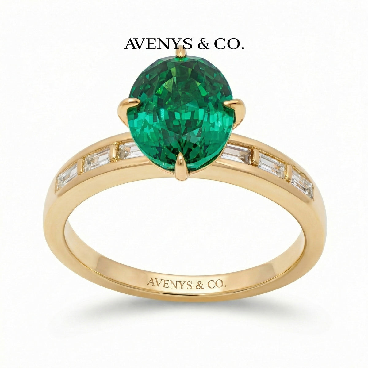Oval Baguette Ring with Green Oval Stone – on Yellow Gold