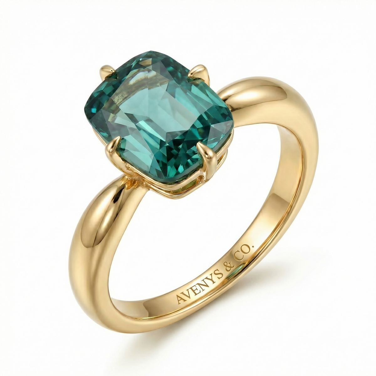 Modern Solitaire Cocktail Ring with Blue Cushion Stone – on Yellow Gold