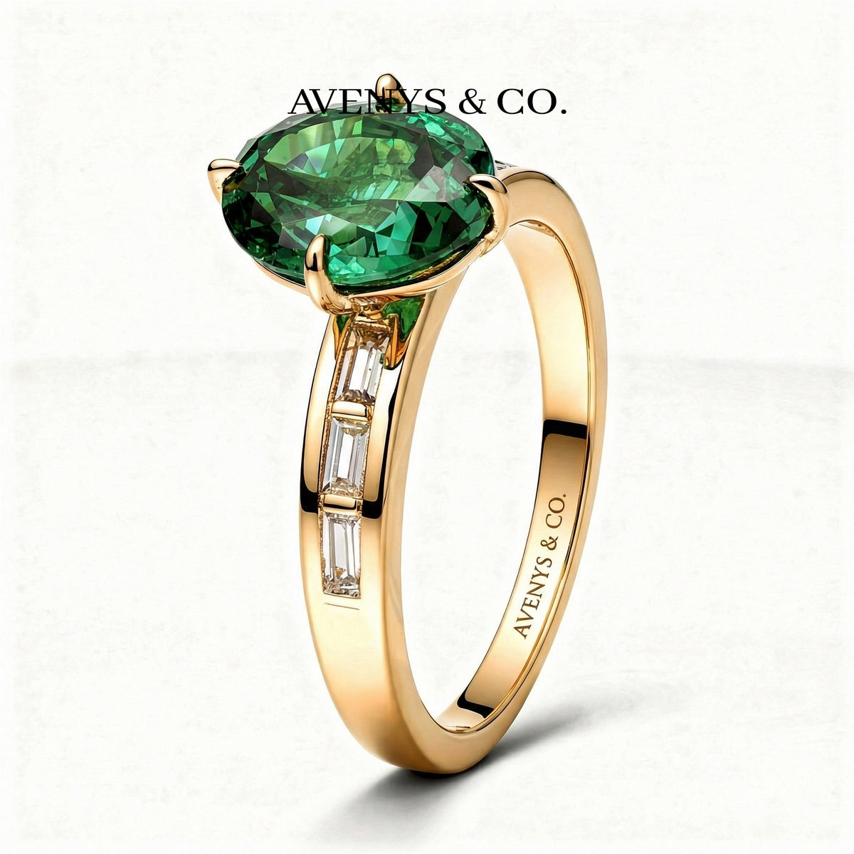 Oval Baguette Ring with Green Oval Stone – on Yellow Gold