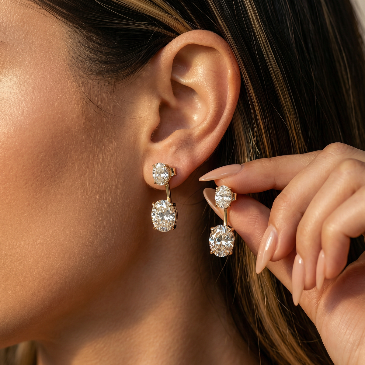 Air Drop Earrings with White Oval Stone – on Yellow Gold