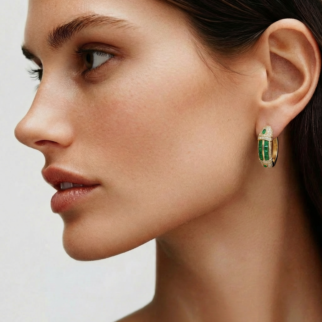 Cleopatra Earrings with Green Emerald Stone – on Yellow Gold