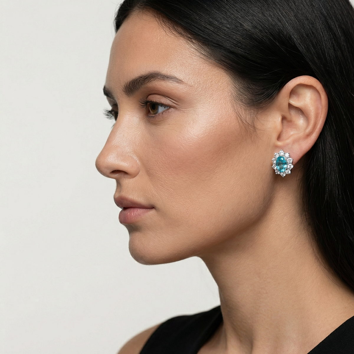 Bloom Halo Earrings with Paraiba Oval Stone – on White Gold