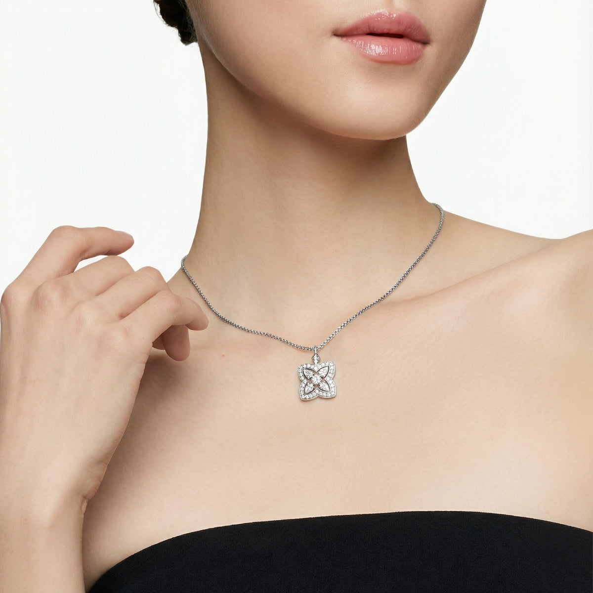 Lotus Classic Necklace with White Round Stone – on White Gold