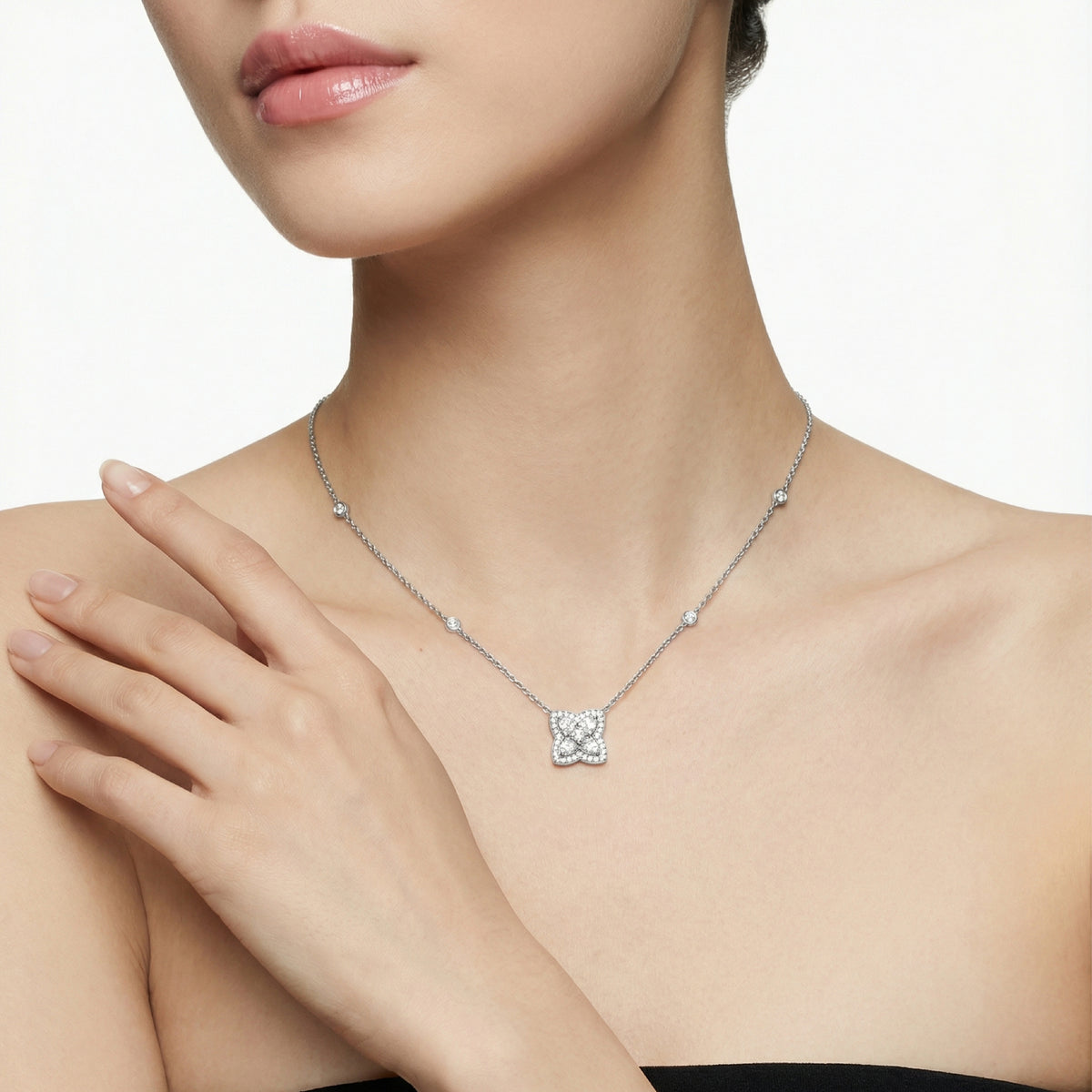 Lotus Small Necklace with White Round Stone – on White Gold