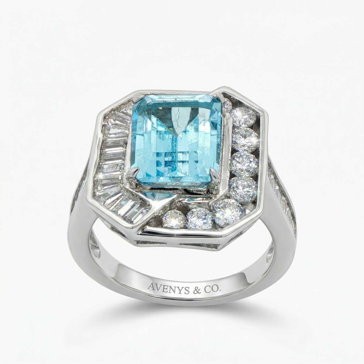 Emerald Frame Ring with Aquamarine Emerald Stone – on White Gold