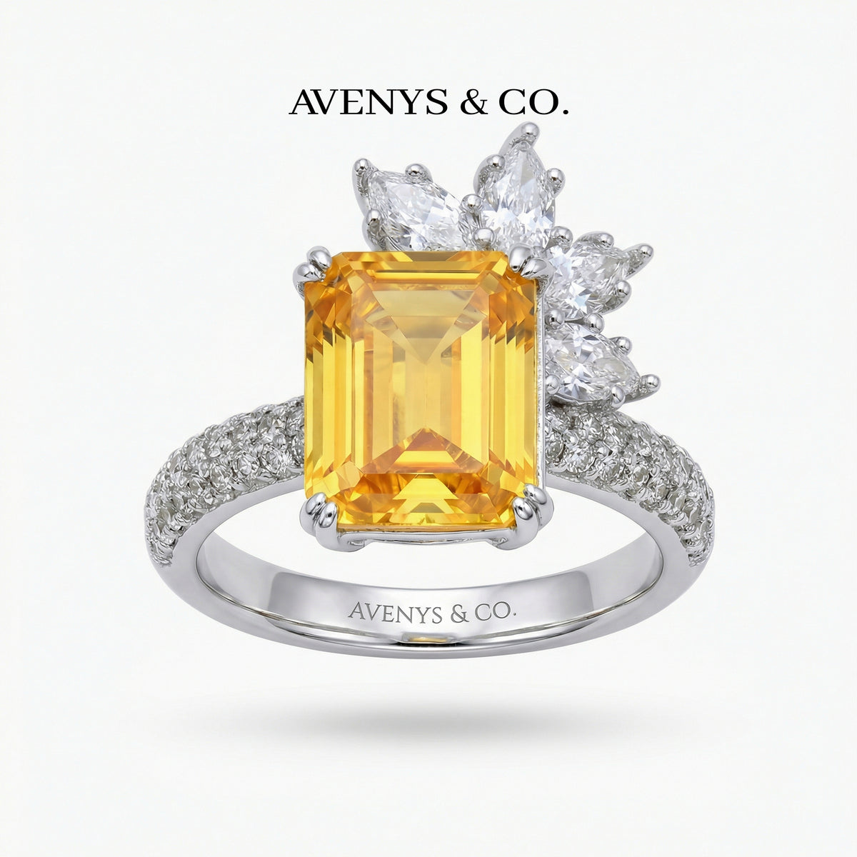 Lightwell Cluster Ring with Yellow Emerald Stone – on White Gold