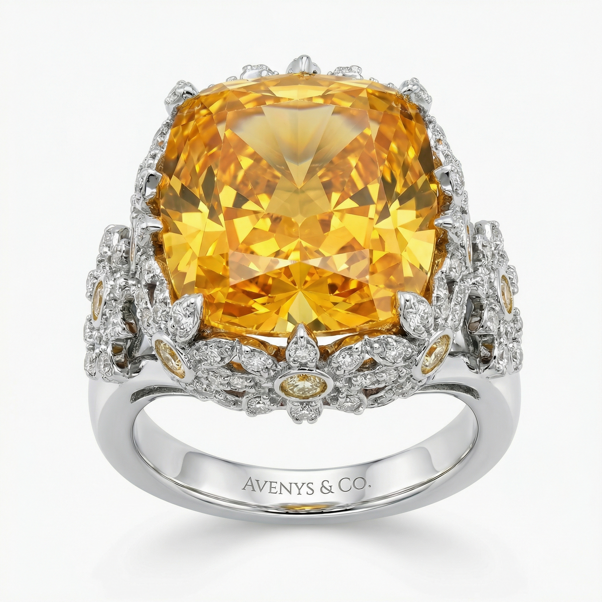 White Gold Cocktail Ring with Cushion-Cut Citrine Gemstone