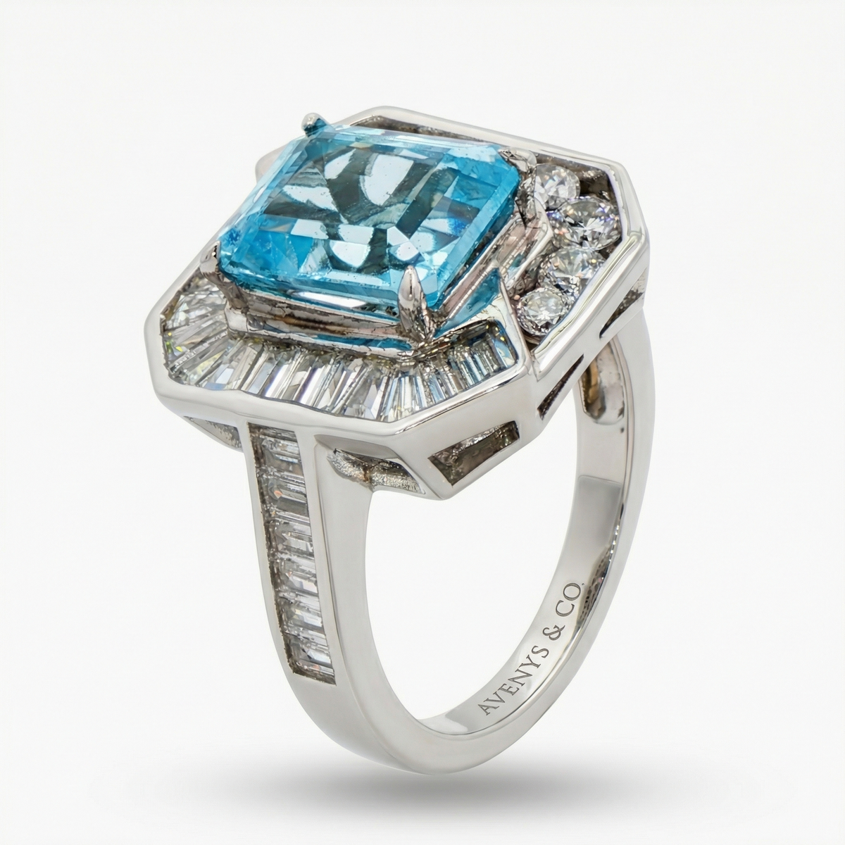 Emerald Frame Ring with Aquamarine Emerald Stone – on White Gold