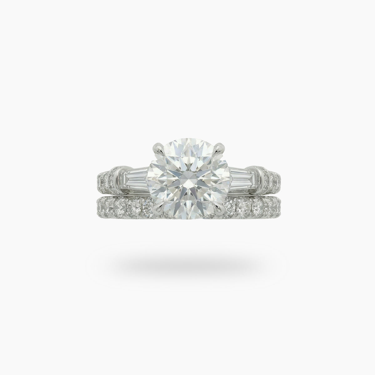 Trilogy Pave Solitaire Ring with Stacking Band with White Round Stone – on White Gold