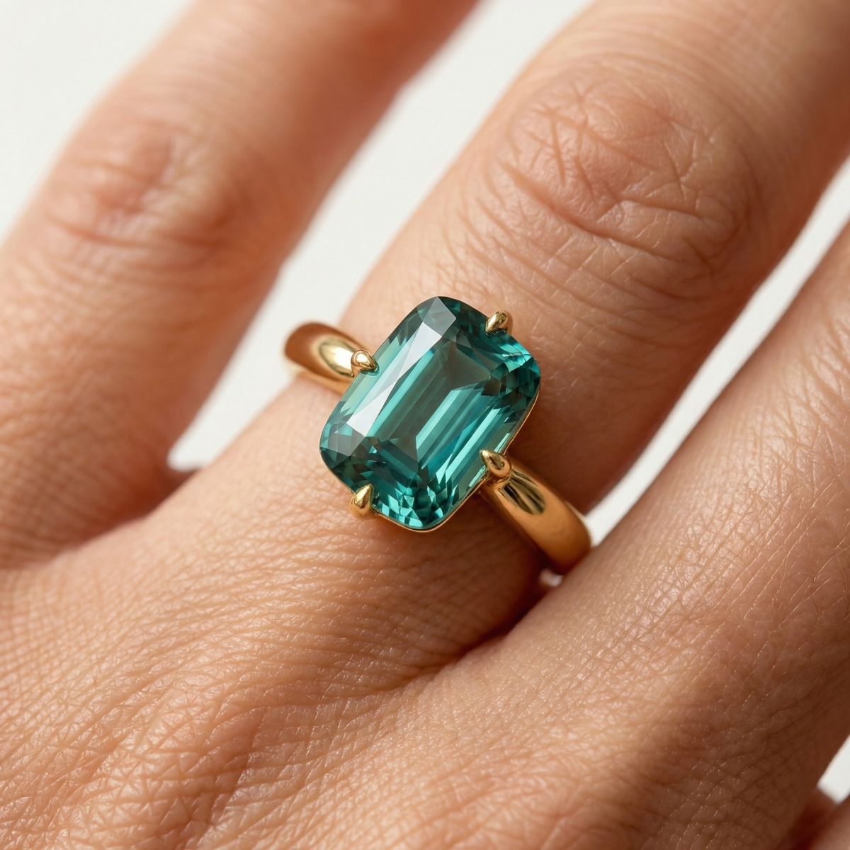 Modern Solitaire Cocktail Ring with Blue Cushion Stone – on Yellow Gold