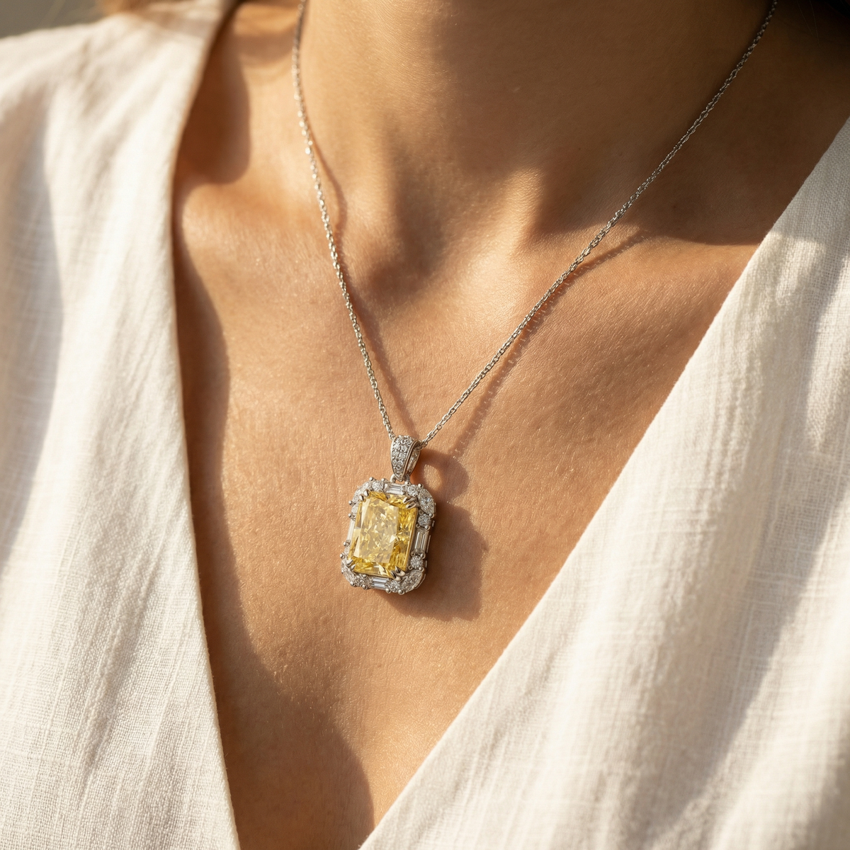 Eden Frame Necklace with Yellow Radiant Stone – on White Gold