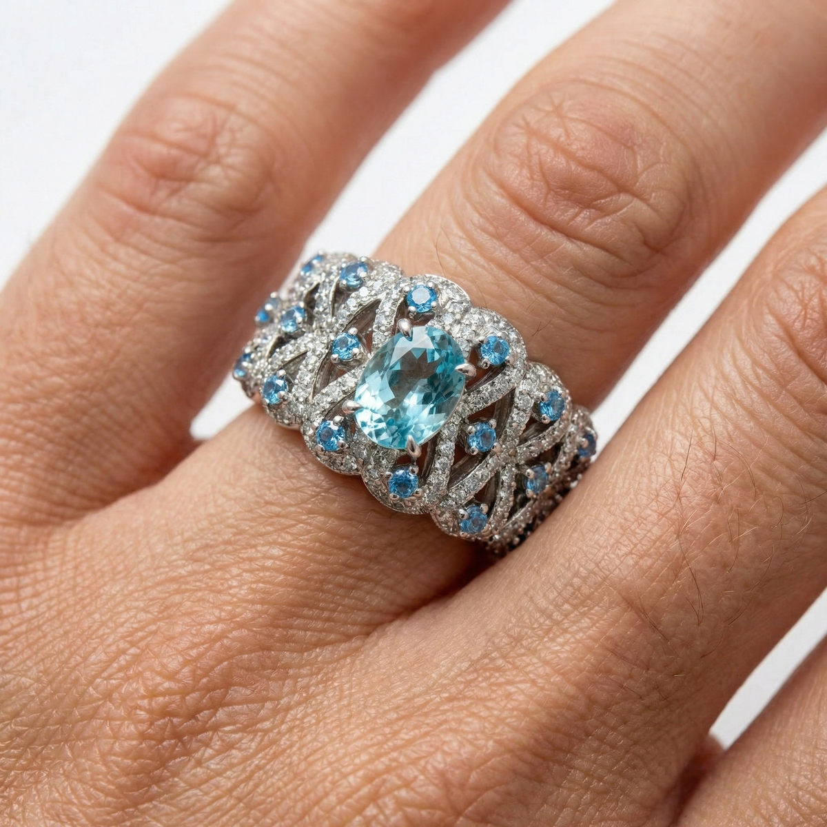 Floral Garden Ring with Aquamarine Oval Stone – on White Gold
