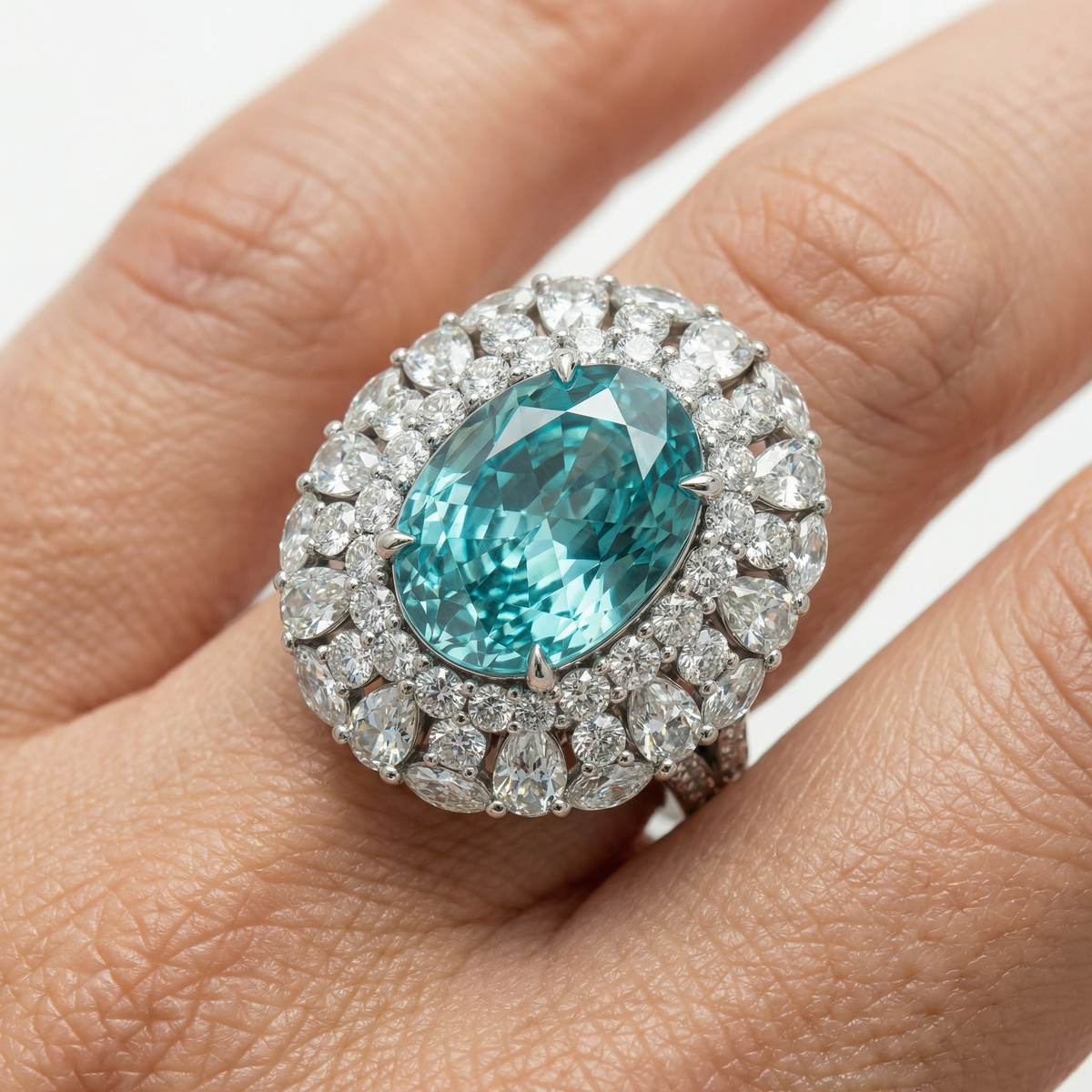 Seafoam Halo Ring with Paraiba Oval Stone – on White Gold