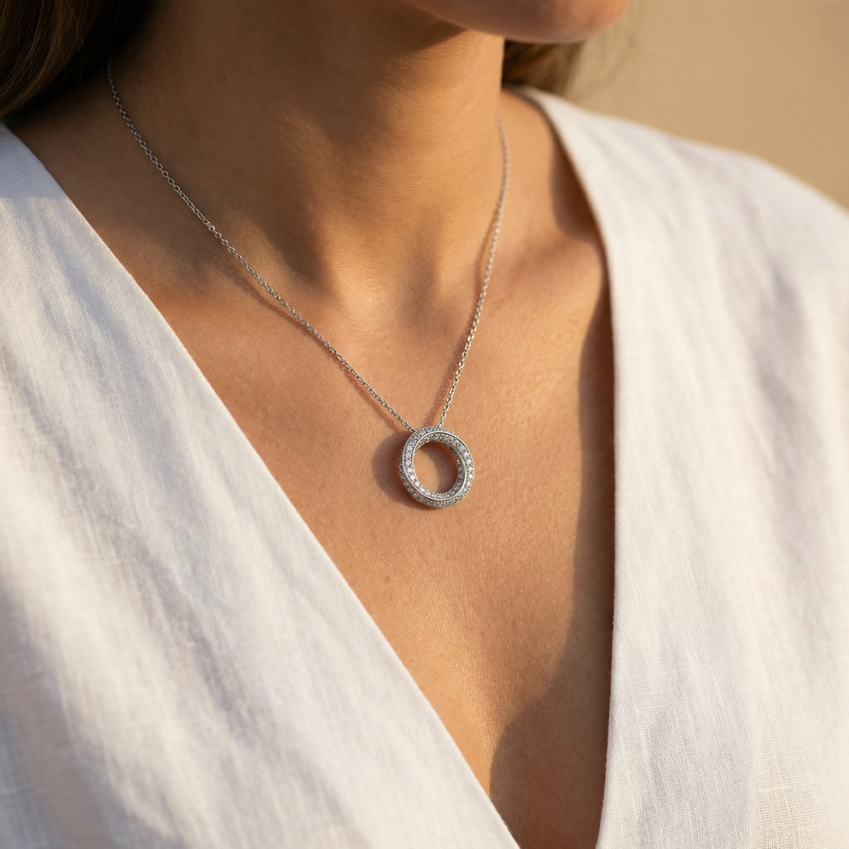 Spiral Necklace with White Round Stone – on White Gold