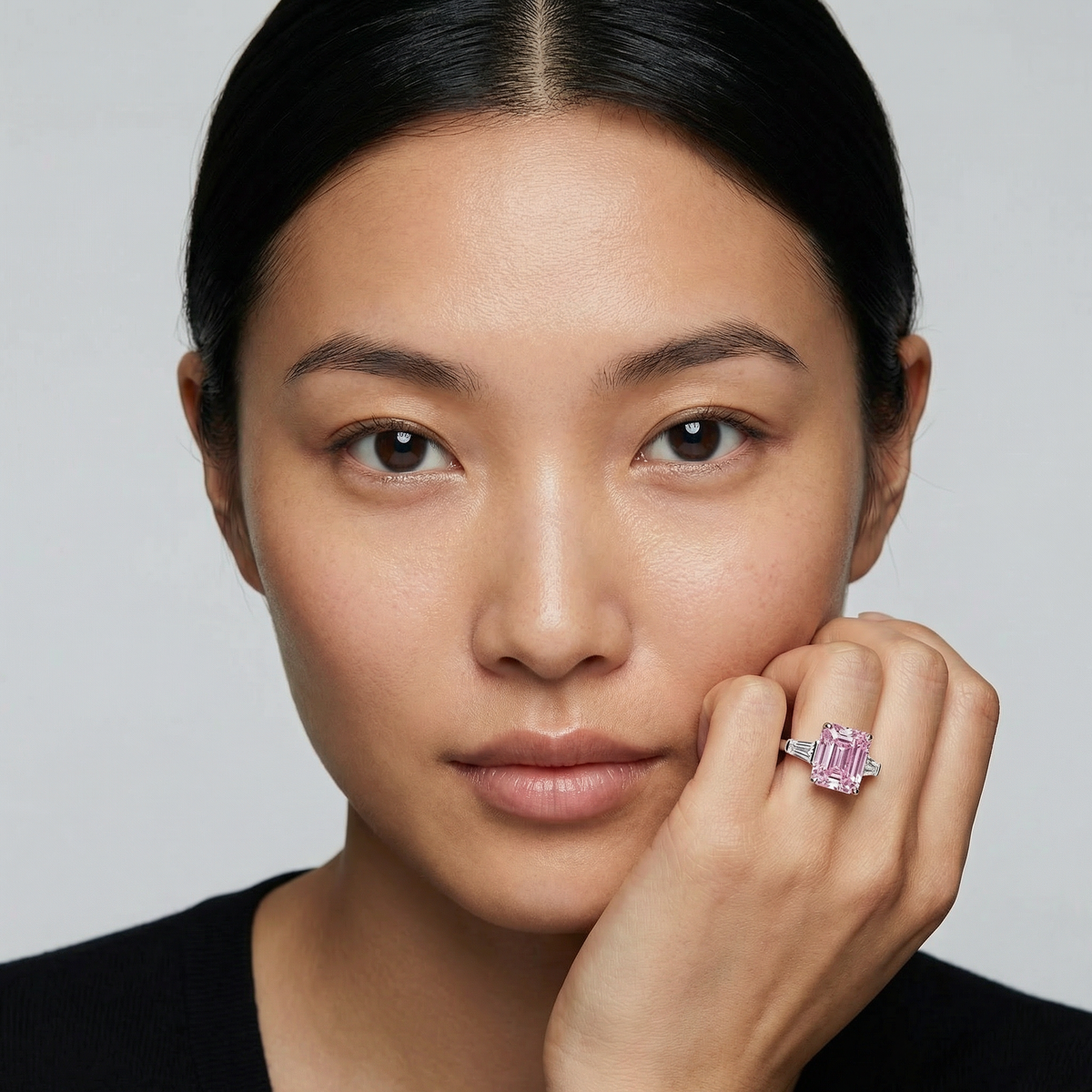 Radiant Trilogy Ring with Pink Radiant Stone – on White Gold