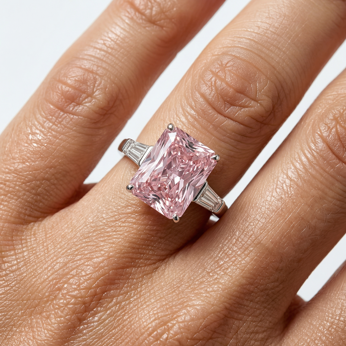 Radiant Trilogy Ring with Pink Radiant Stone – on White Gold