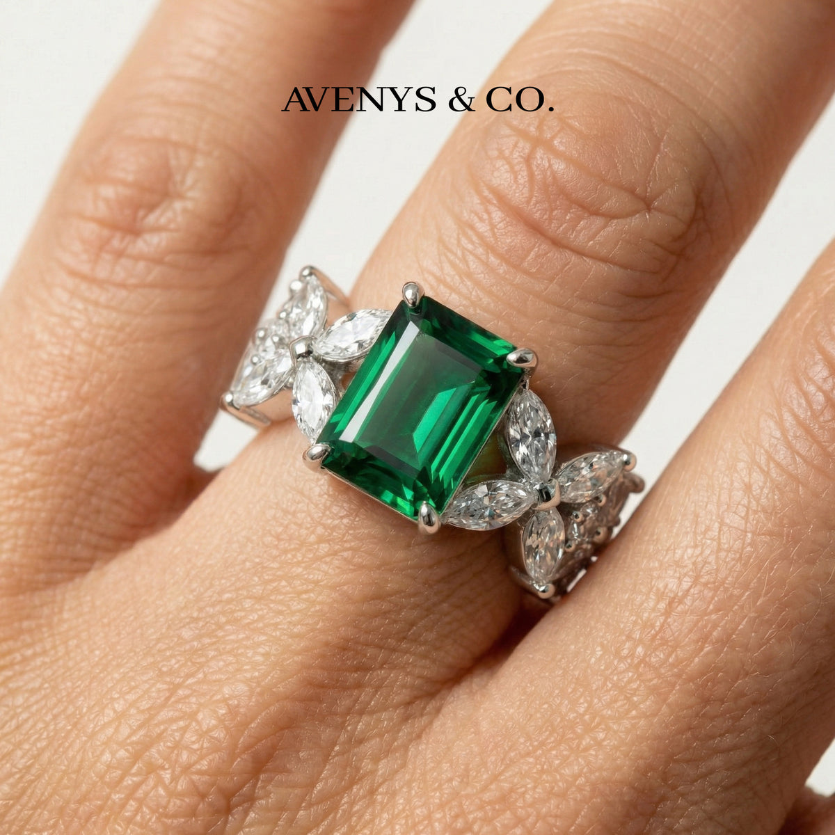 Emerald Marquis Ring with Green Emerald Stone – on White Gold
