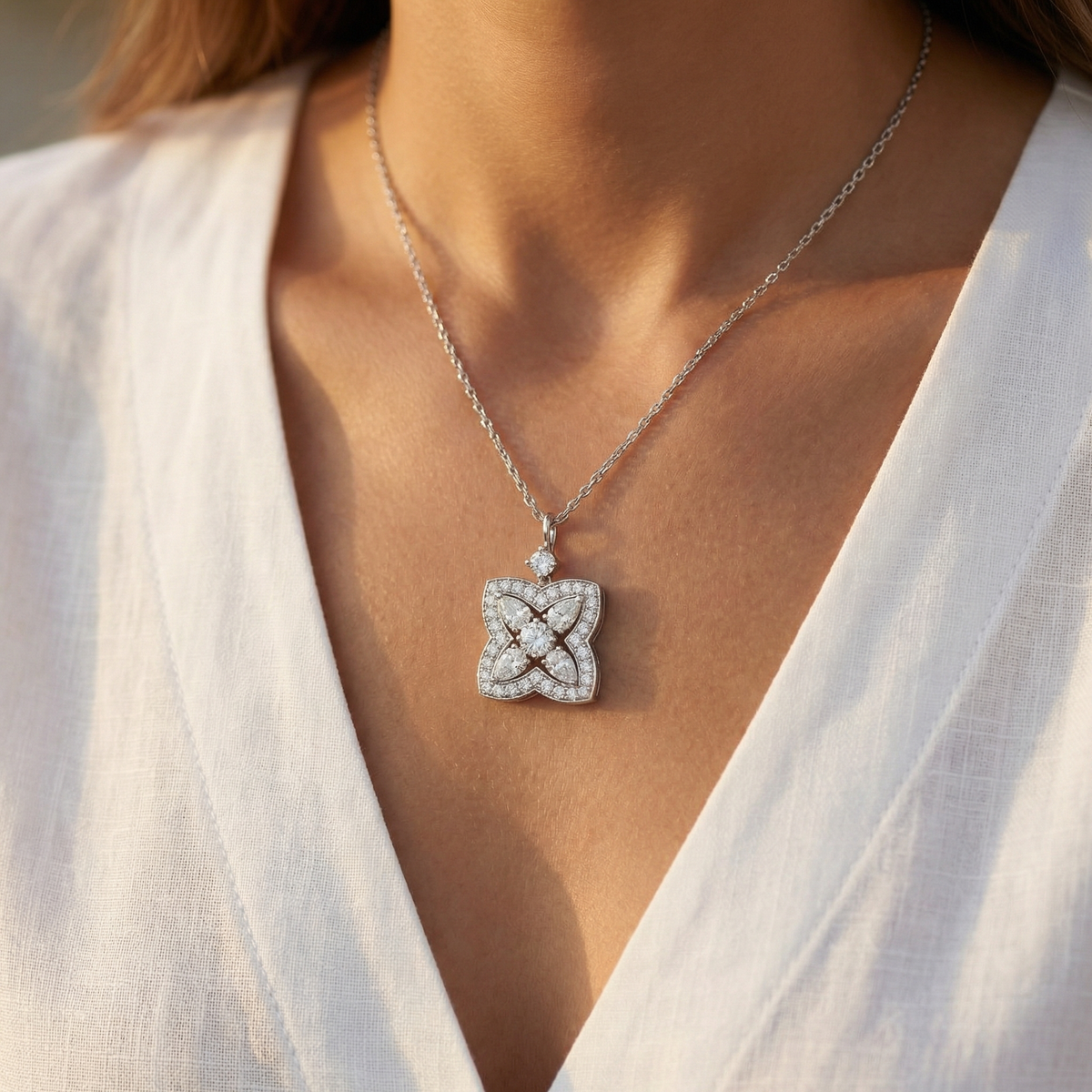Lotus Classic Necklace with White Round Stone – on White Gold