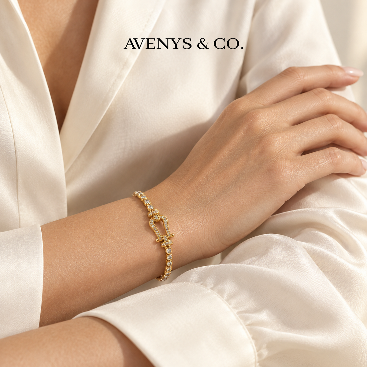AV Anchor™ Tennis Bracelet - on Yellow Gold — Lifestyle view
