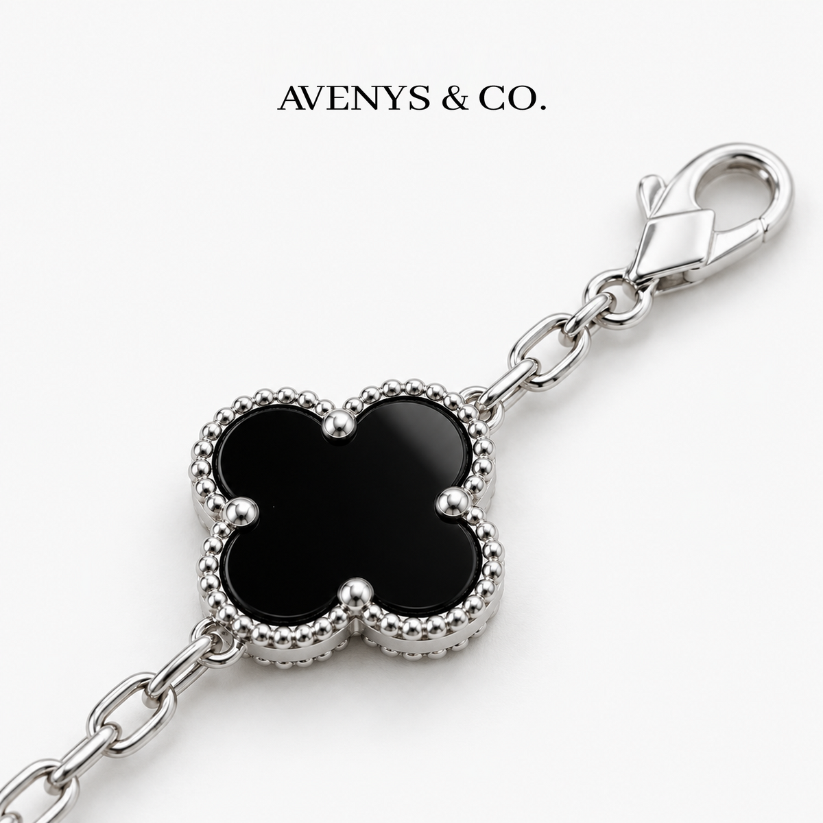 AV Bloom™ black motif and lobster clasp detail