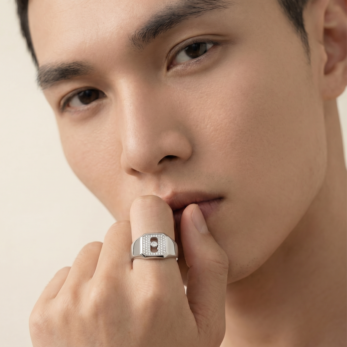 AV Glide™ Pave Signet Ring – on White Gold, view 7