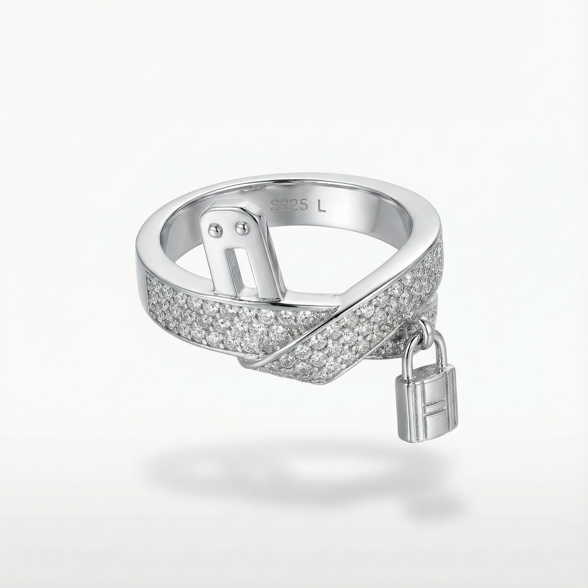 Padlock Pave Ring with White Round Stone – on White Gold — Elevated rear view of padlock, band and flat clasp extension