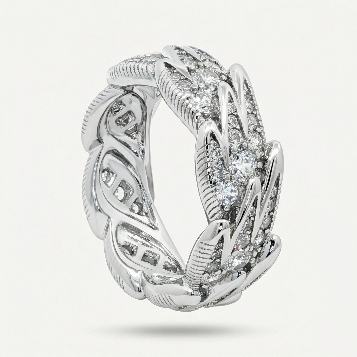 Birds Classic Ring with White Round Stone – on White Gold — Back oblique view showing open bird motif interiors