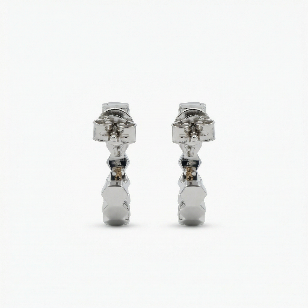 Honeycomb Earrings with White Round Stone – on White Gold — Straight rear view with butterfly posts; current rear image has opened hoops