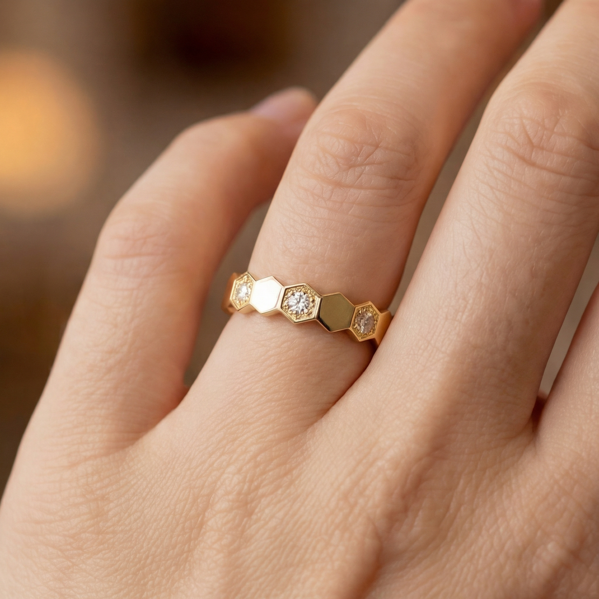 Honeycomb Ring with White Round Stone – on Yellow Gold — Additional on-hand pose