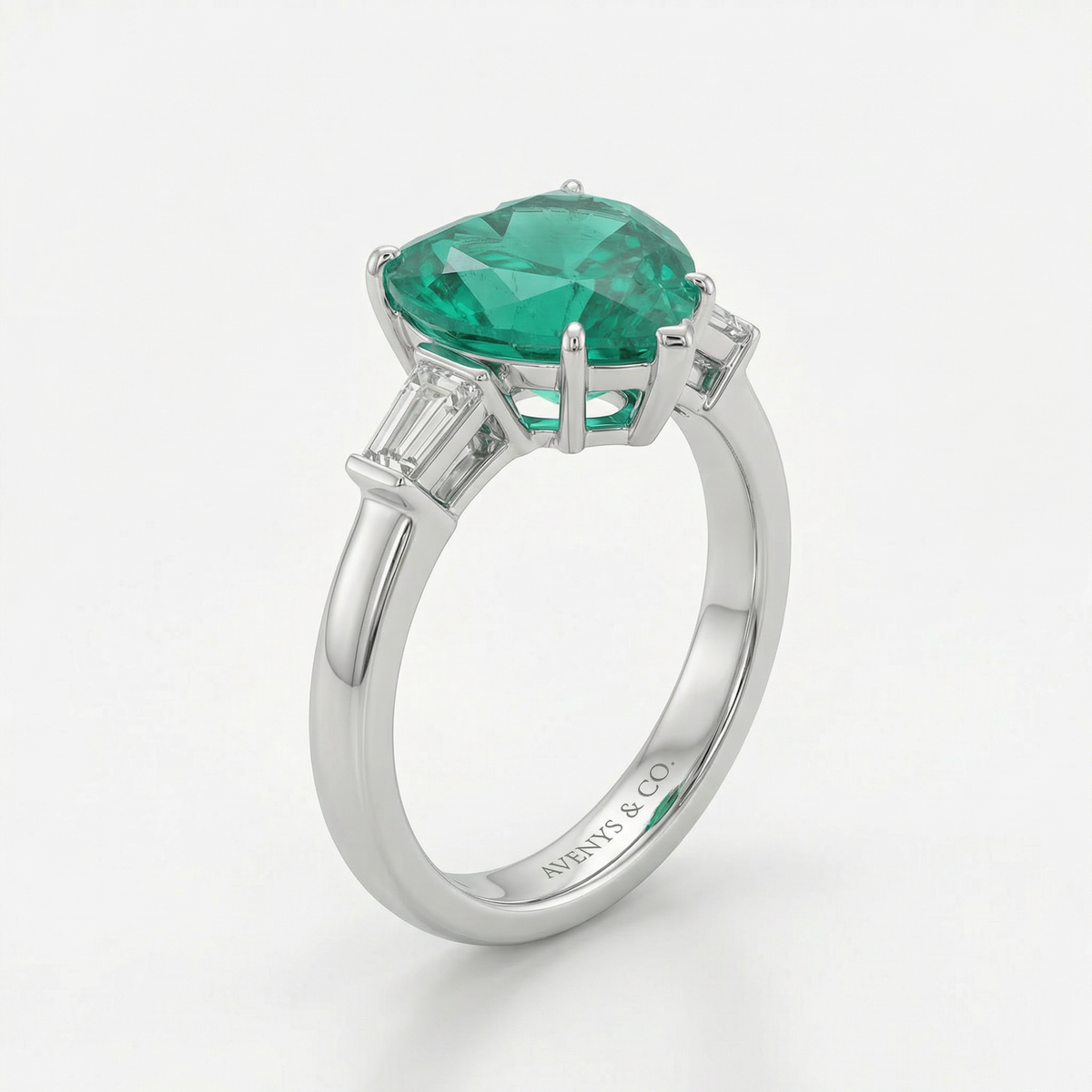 Love Heart Trilogy with Paraiba Heart Stone – on White Gold — Opposite oblique profile showing heart stone basket and side baguette