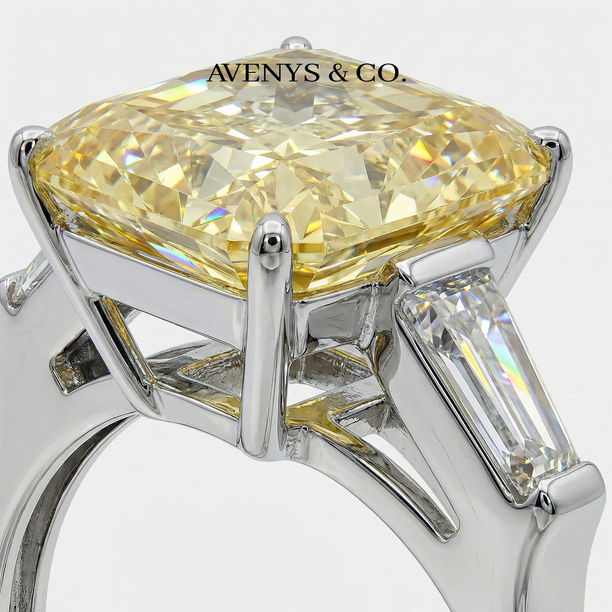 Radiant Trilogy Ring with Yellow Radiant Stone – on White Gold — Alternate underside macro of yellow Radiant Trilogy centre and side stone