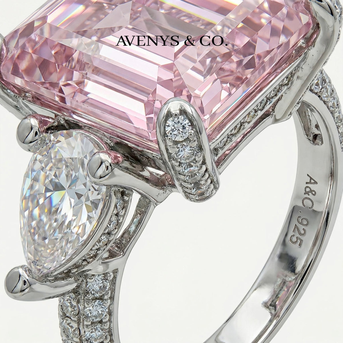 Emerald Pear Trilogy Ring with Pink Emerald Stone – on White Gold — Side setting and pear-support macro absent from current front macro